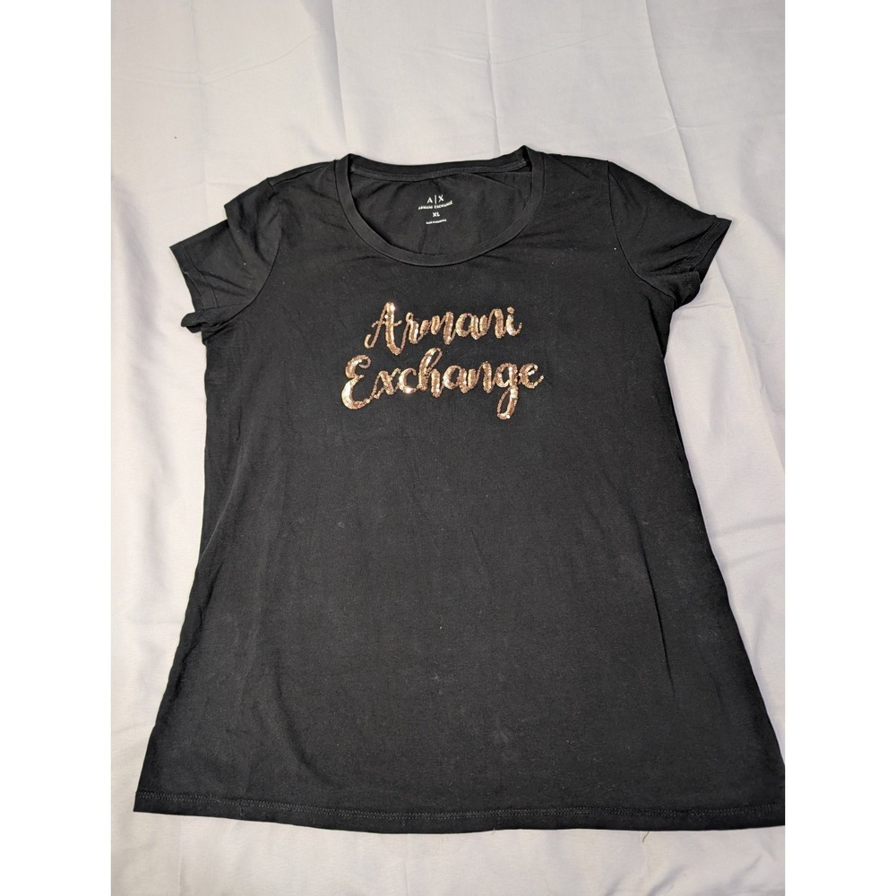 Armani‎ Exchange AX Black Sequin Logo Tee XL Womens Designer Casual Luxe Graphic